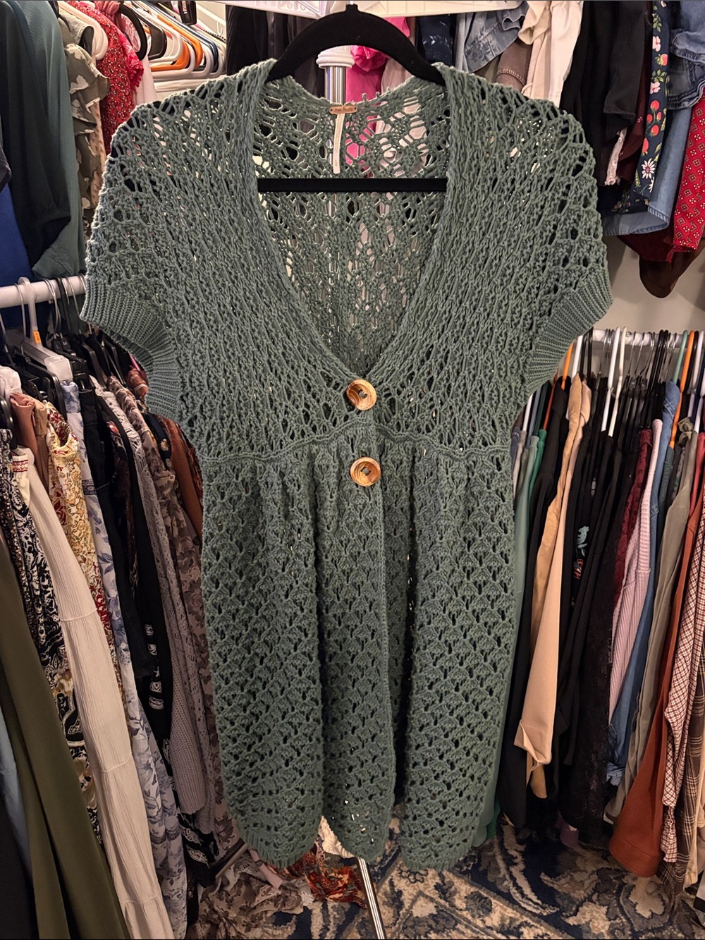 Free People Sage Green Open-Knit Short Sleeve Cardigan with Wood Buttons